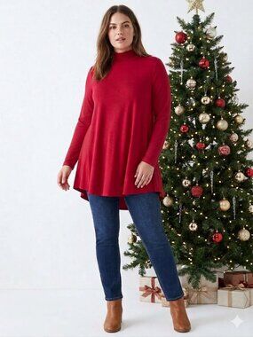 NWT Lane Bryant red tunic with smocked mock turtleneck, size 14/16